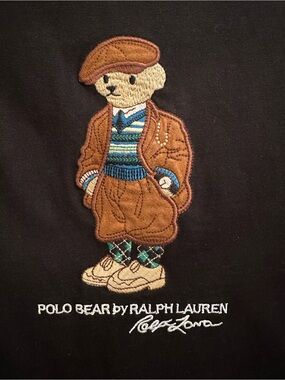 Men's Ralph Lauren Black Tee with Embroidered Brown Polo Bear Size Medium